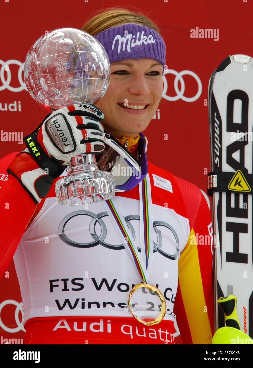 Maria Riesch of Germany poses with the women's Slalom Alpine Skiing World Cup trophy at the season's finals in Garmisch-Partenkirchen March 13, 2010.    REUTERS/Wolfgang Rattay   (GERMANY SPORT SKIING) Stock Photo