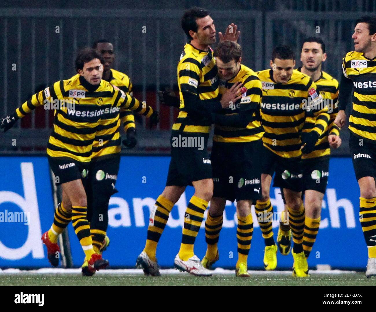BSC Young Boys' players celebrate after the first goal of the match against  FC Luzern during their Swiss Super League soccer match in Bern February 13,  2010. REUTERS/Michael Buholzer (SWITZERLAND - Tags: