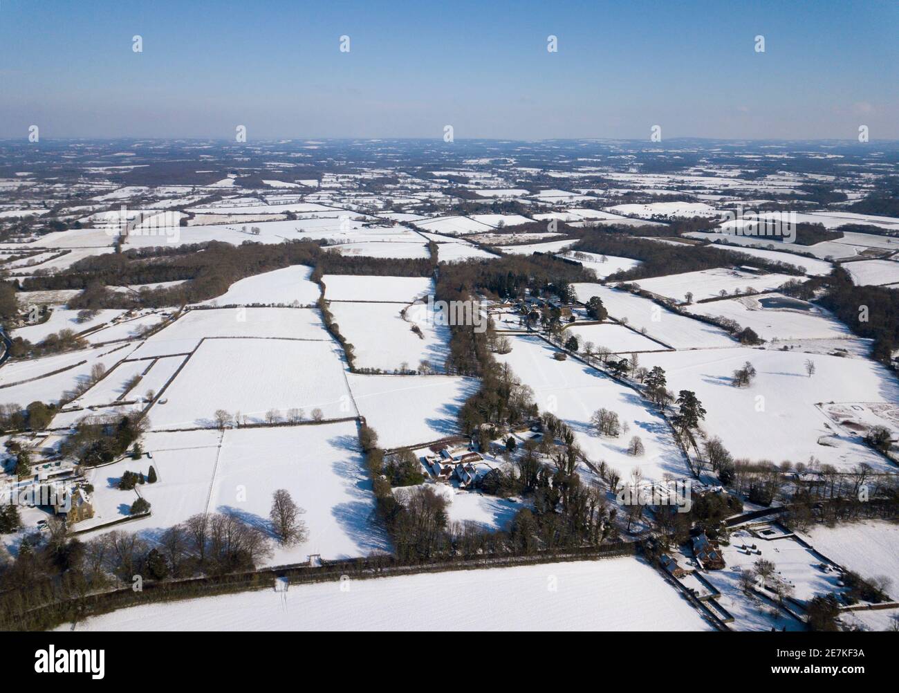 Aerial view of countryside with snow during 'Beast from the East' cold spell, near Ditchling, South Downs National Park, West Sussex, UK Stock Photo