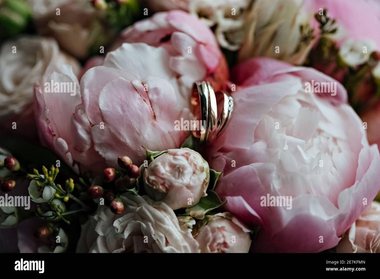 Wedding rings with a bouquet of flowers. Marriage proposal. Wedding Stock Photo Alamy