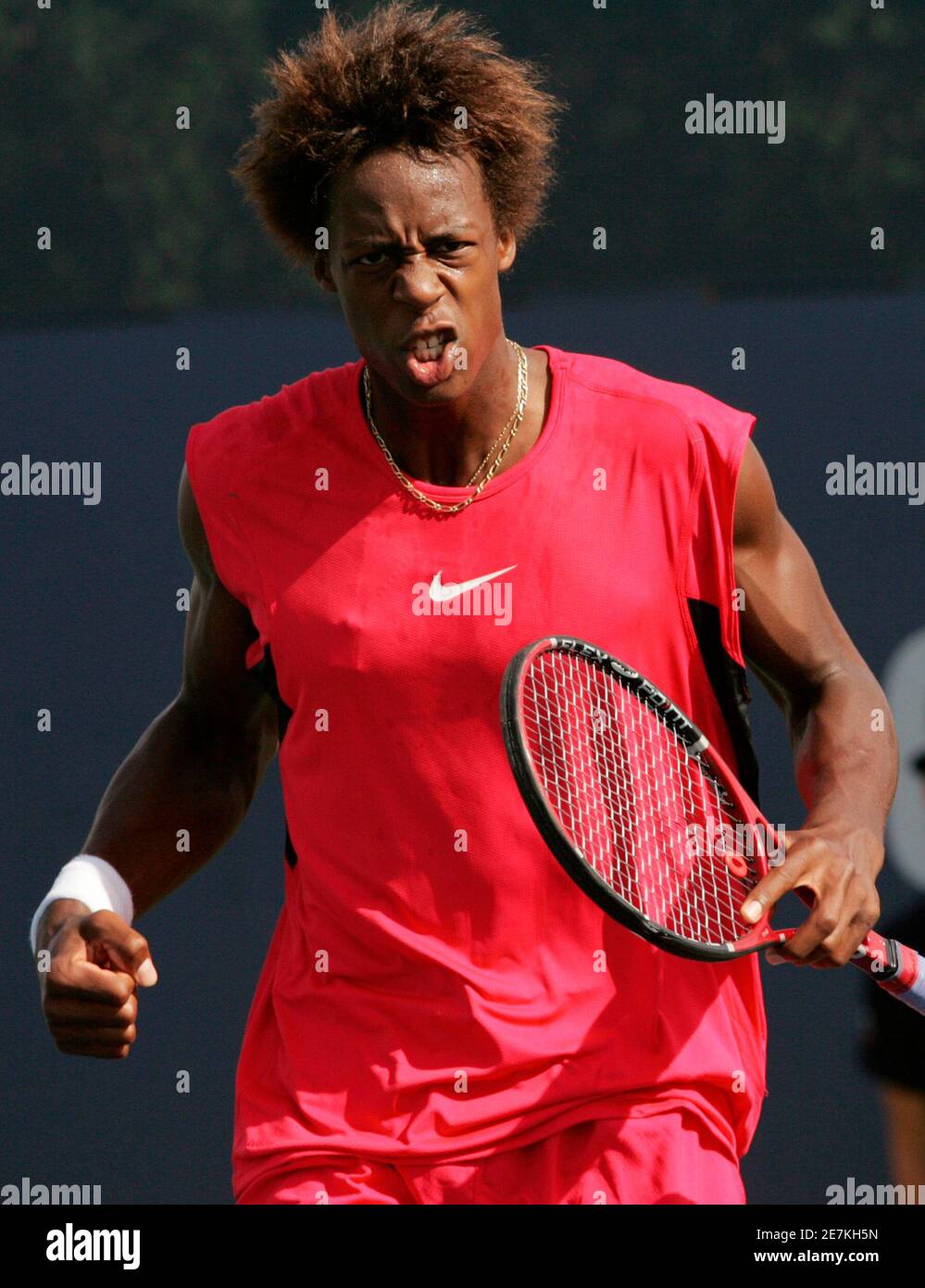 France's Gael Monfils celebrates winning a point during his match against  South Africa's Wesley Moodie at the U.S. Open tennis tournament in New York  August 31, 2006. REUTERS/Eduardo Munoz (UNITED STATES Stock