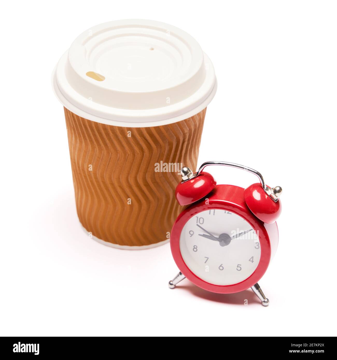 Morning red alarm clock and disposable paper cup or mug isolated on ...