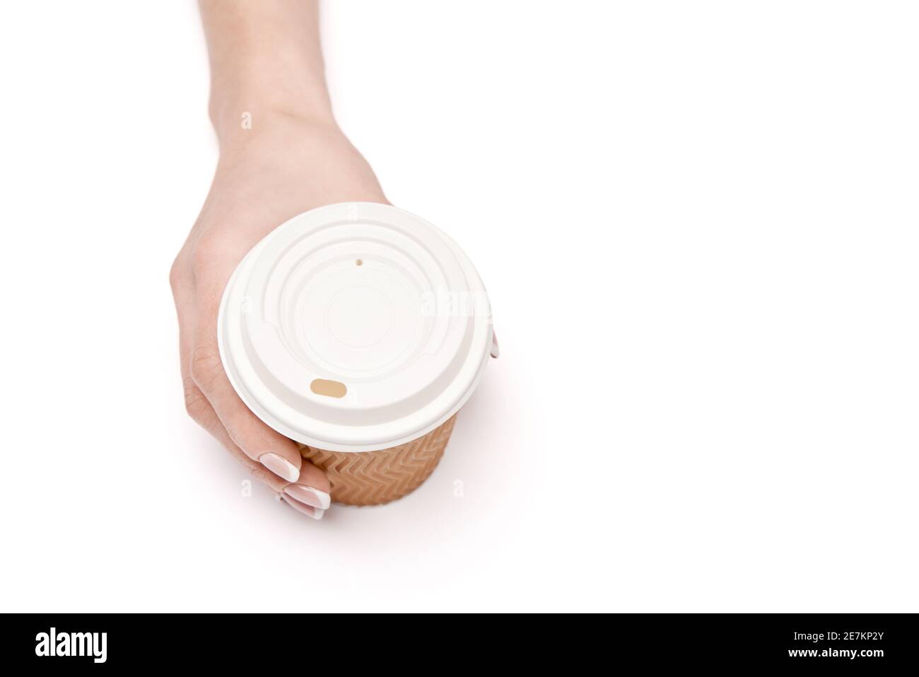 Female hand with paper cup of coffee isolated on white with clipping ...