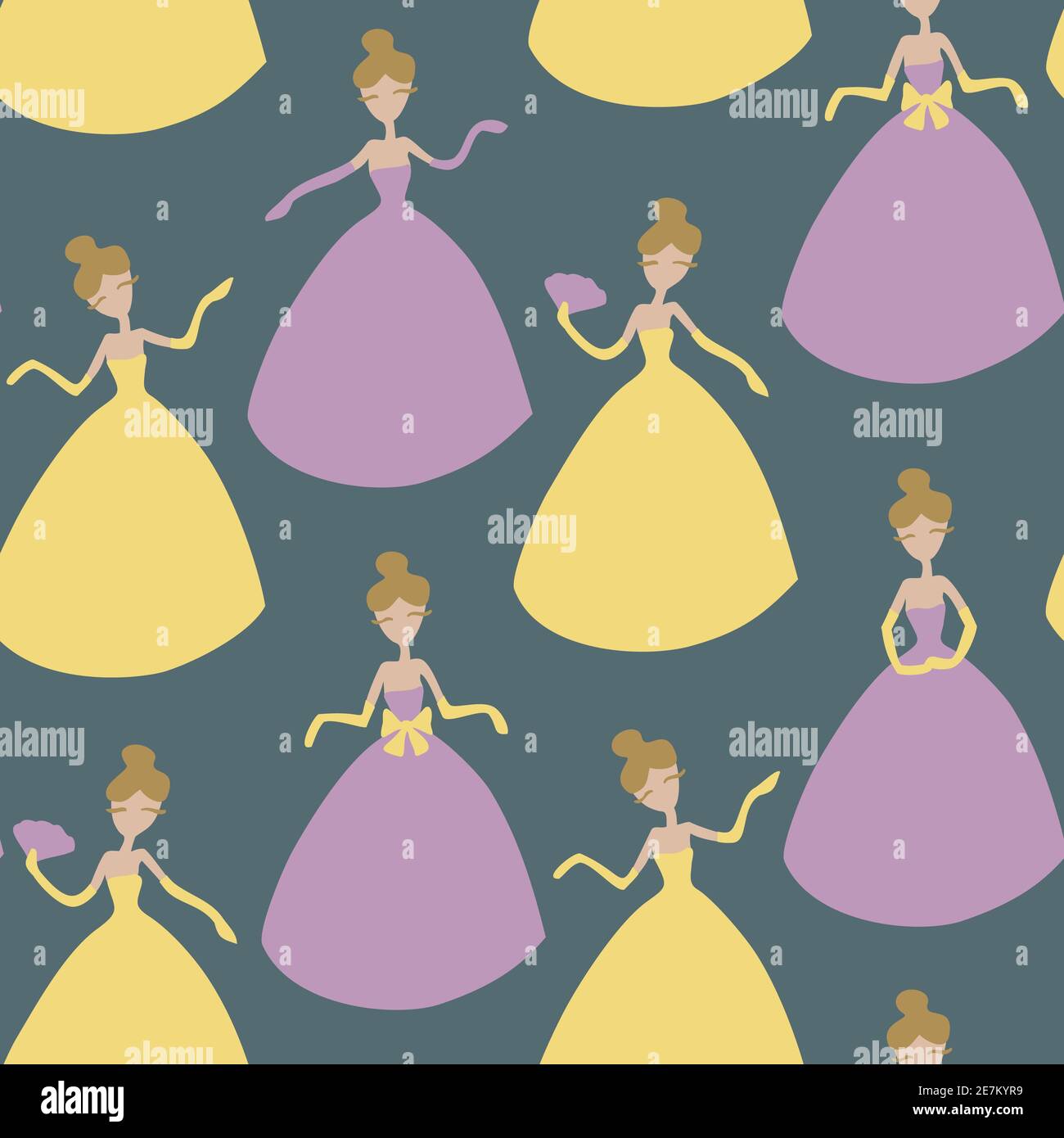 Vector seamless pattern with ladies cartoon characters. Ladies in colorful yellow and purple dresses and gloves in different poses. Woman with a fan a Stock Vector