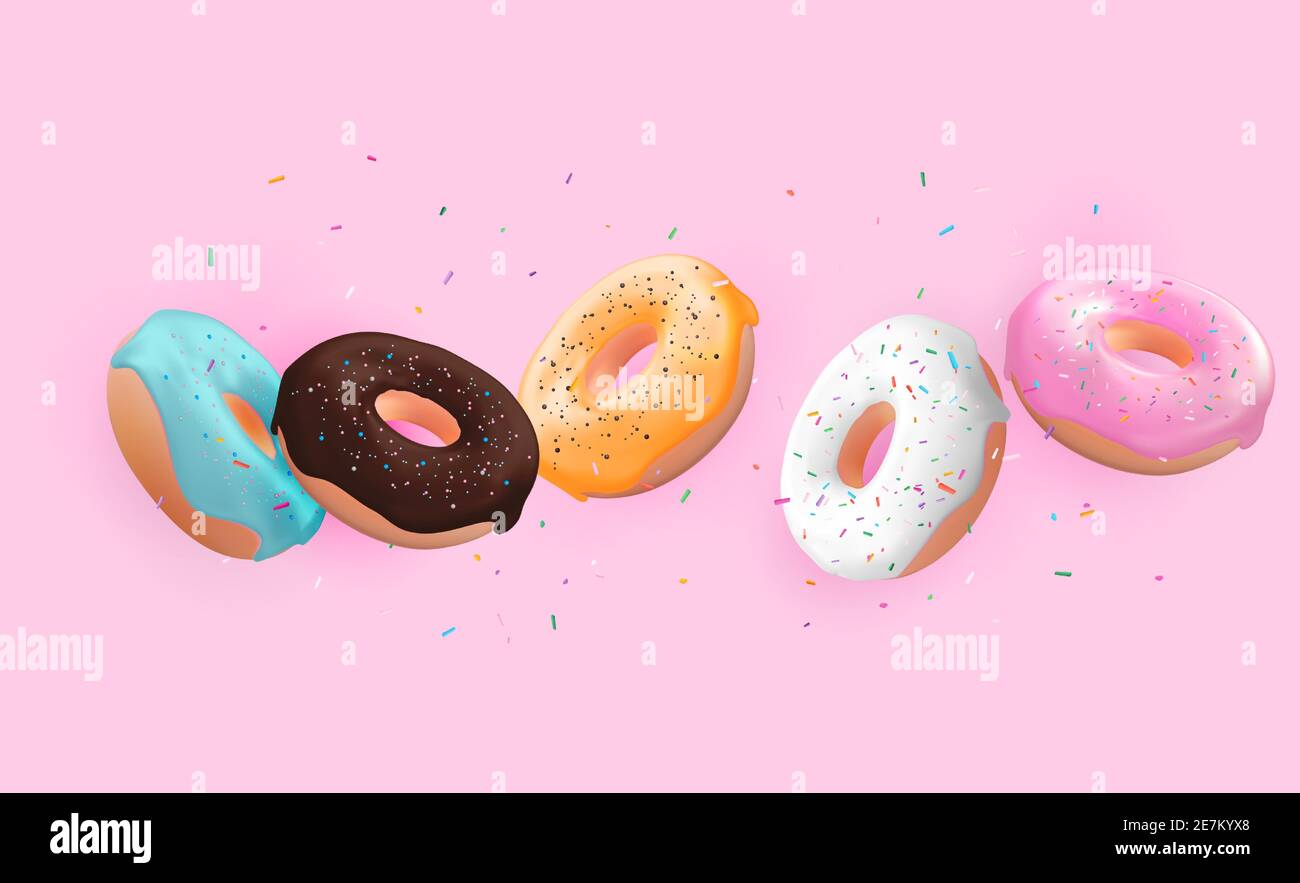 Realistic 3d sweet tasty donut background. Can be used for dessert menu ...