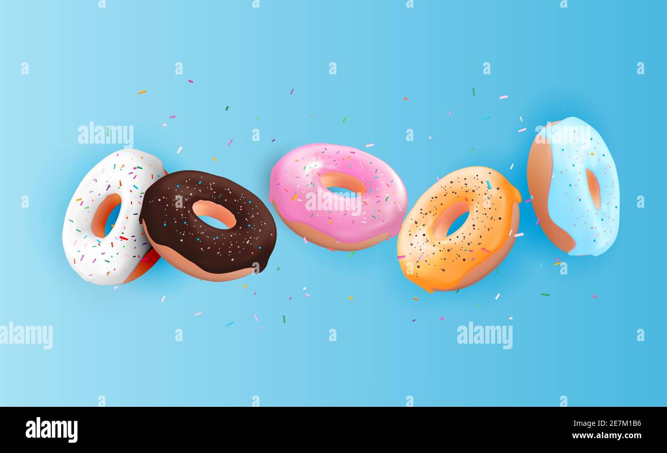 Realistic 3d sweet tasty donut background. Can be used for dessert menu ...