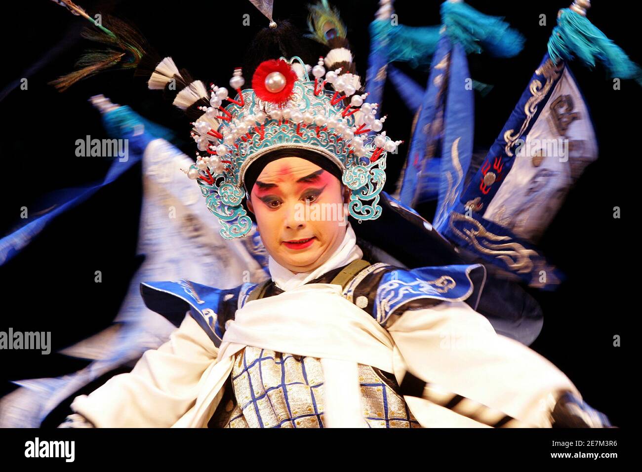 An actor of the Chinese Beijing Henei Bangzi Opera Troupe company perform during an essay from 'The Tebas City'  at the X Iberoamerican Theatre Festival in Bogota April 6, 2006. Over 100 theatre companies will present their shows from March 31 to April 16. Stock Photo