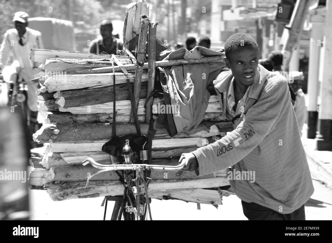Eldoret, Rift VAlley: Young man carring wood on bycicle trough the streets. Junger Mann scheppt Brenn-Holz auf seinemFahhrrad durch die Strassen von E Stock Photo