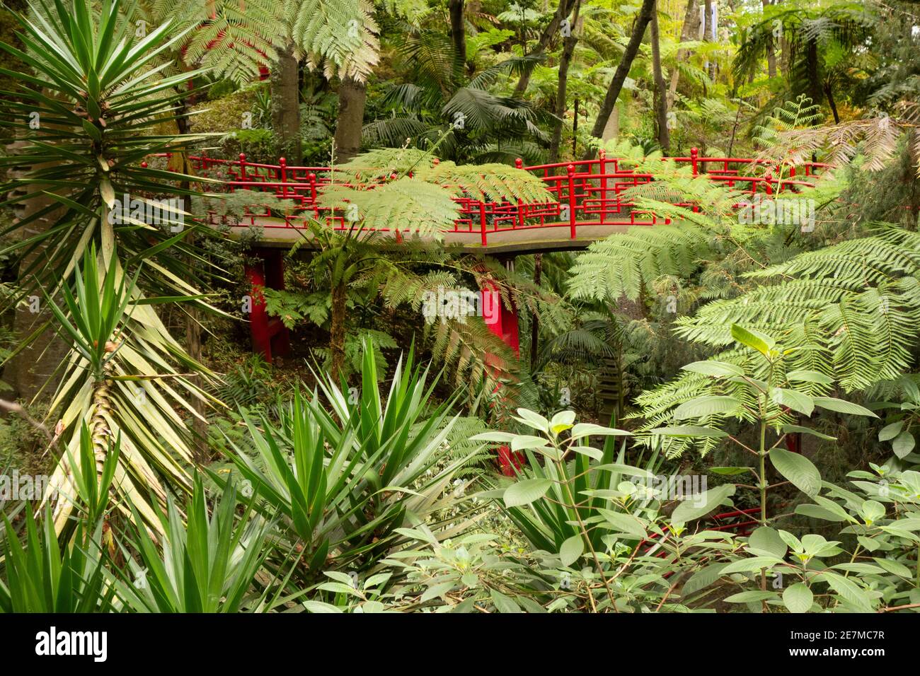 raised walkway with red oriental railings in the Southern Oriental garden in the Monte Palace Tropical Garden Stock Photo
