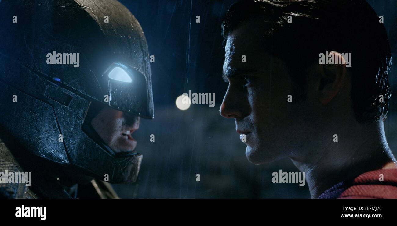 Batman vs Superman: Dawn of Justice (2016 film). Starring Ben Affleck (Bruce Wayne / Batman) and Henry Cavill (Clark Kent / Superman) Stock Photo