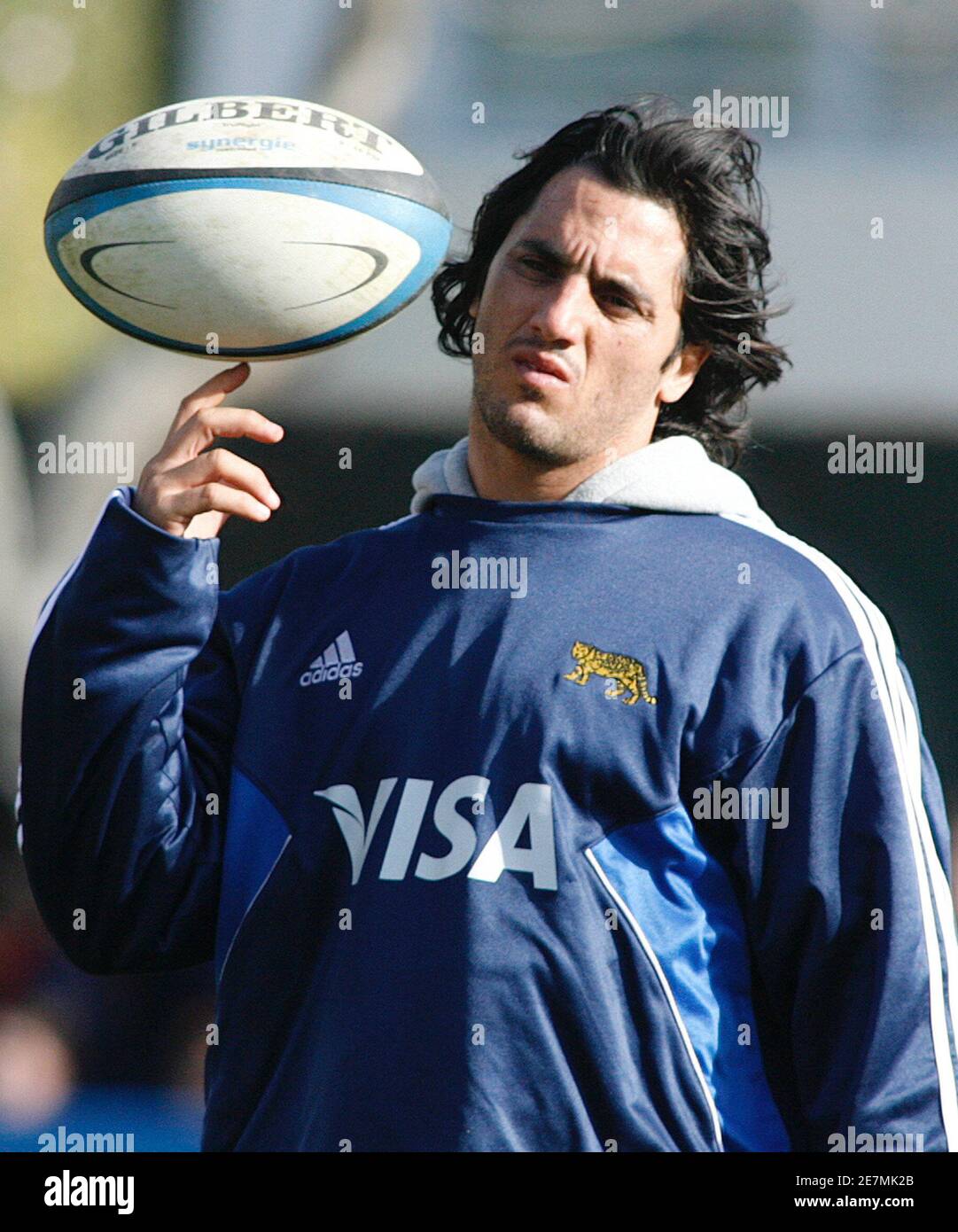 Agustin Pichot captain of the Argentine national rugby team Los Pumas  balances the ball during a training session in Buenos Aires ahead of the  France 2007 Rugby World Cup August 8, 2007.
