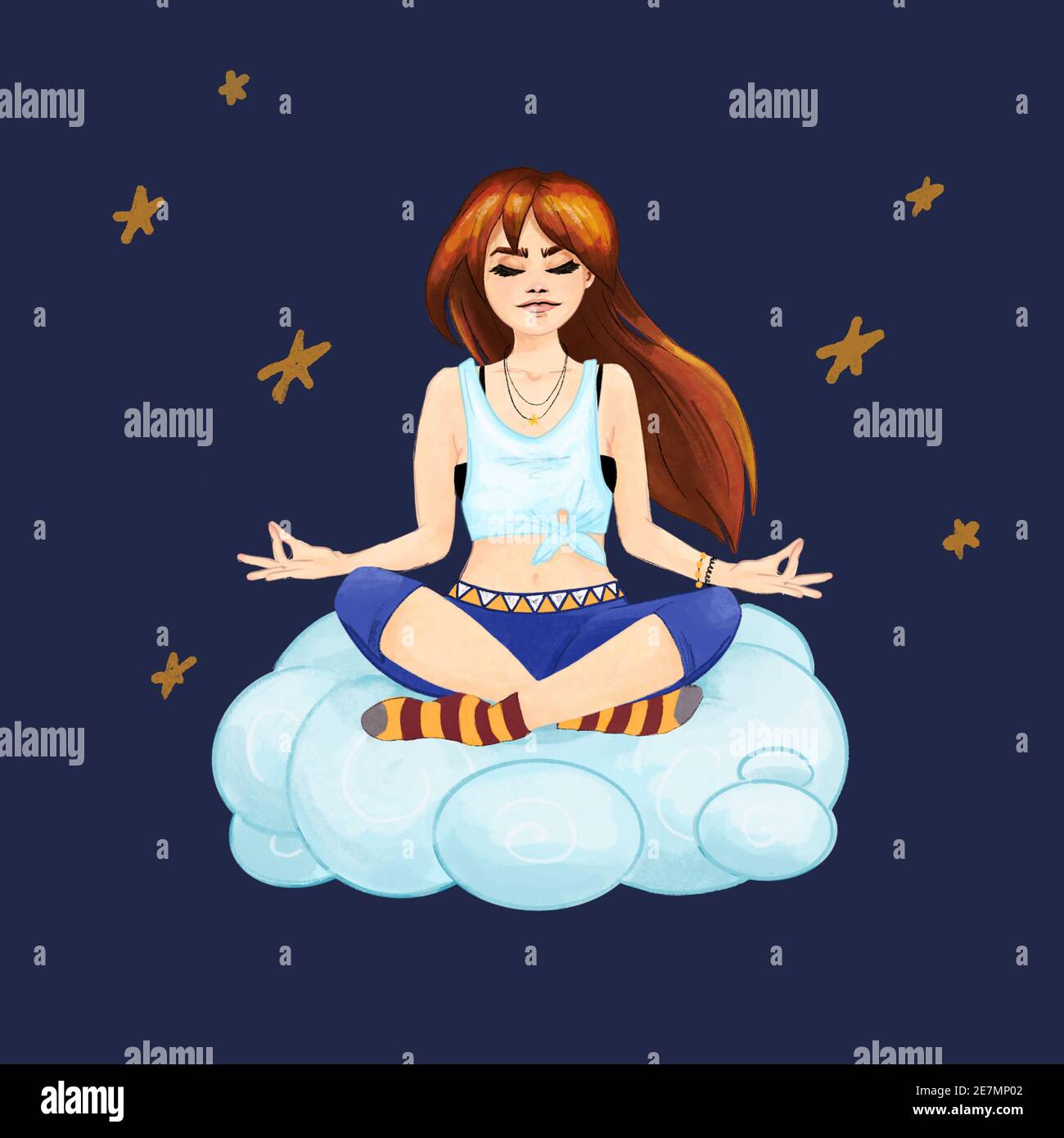 A cute girl sits in a lotus position and meditates with her eyes closed ...