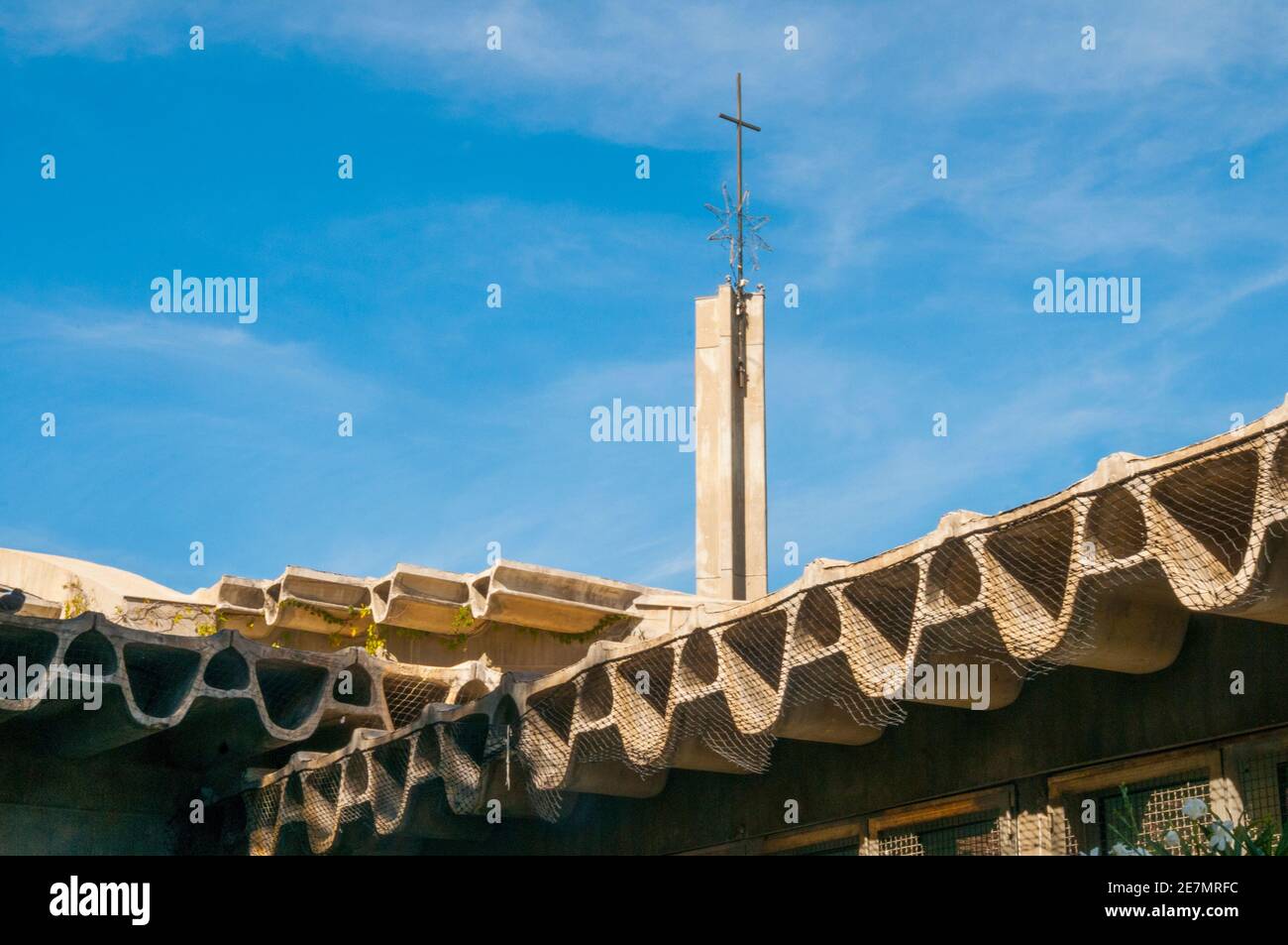Facade of Santa Ana y la Esperanza church, by Miguel Fisac. Moratalaz district, Madrid, Spain. Stock Photo
