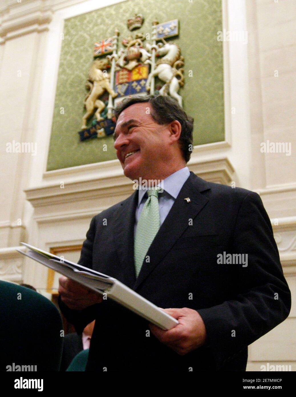 Canada's Finance Minister Jim Flaherty arrives to testify before the Commons finance committee on Parliament Hill in Ottawa October 27, 2009. Canada unveiled new rules on Tuesday for private pension plans that it said will boost protection for members and reduce funding volatility.       REUTERS/Chris Wattie       (CANADA POLITICS BUSINESS) Stock Photo