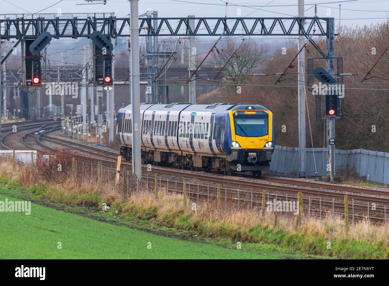 A  Northern Rail Class 195 diesel train at Winwick junction on the West Coast Main Line. WCML Stock Photo
