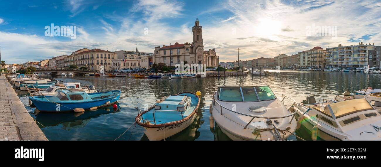 Panoramic of the Sete canal and the Consular Palace, in Herault in Occitania, France Stock Photo