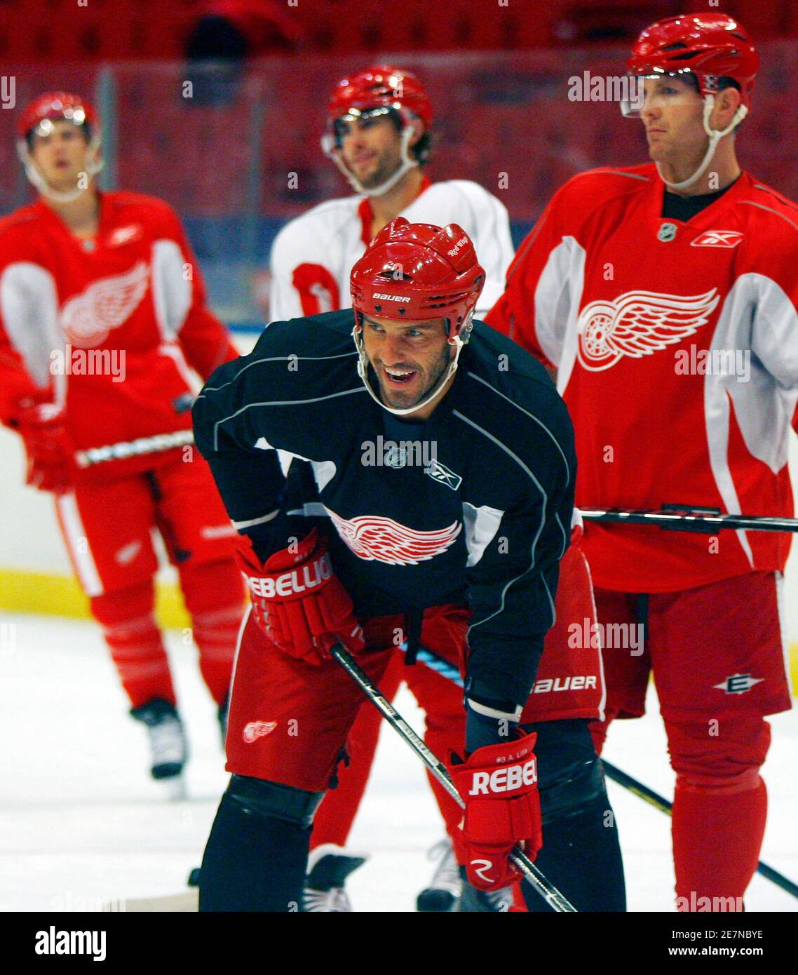 Nicklas Lidstrom of the Detroit Red Wings hockey team takes part in a  practice session in Stockholm September 30, 2009. The Red Wings will play  the St. Louis Blues in the National