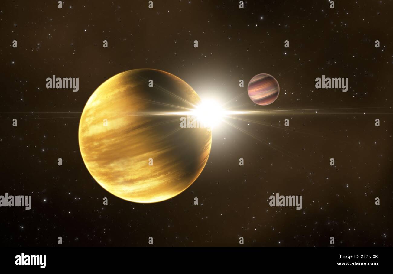 Extrasolar gas giant planet with extrasolar gas moon, exomoon in deep space. 3d illustration Stock Photo