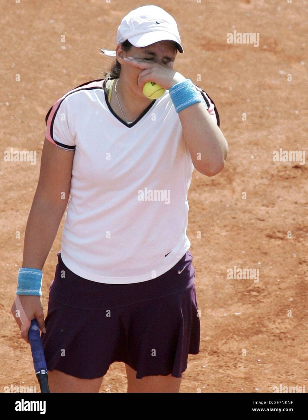 Marion Bartoli of France reacts during the final match of the Prague Open 2007 tennis tournament against Japan's Akiko Morigami in Prague May 13, 2007. REUTERS/David W Cerny (CZECH REPUBLIC) Stock Photo