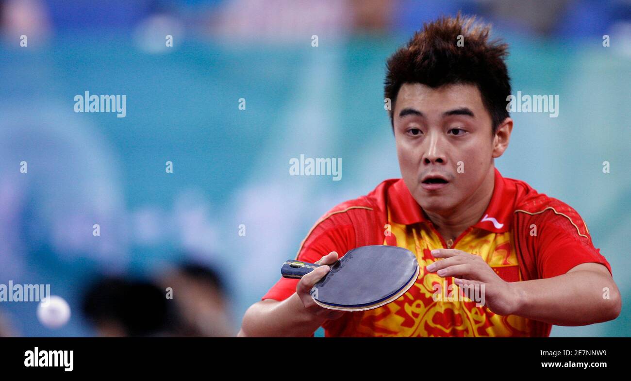 Wang Hao of China plays a shot during his men's singles quarterfinal table tennis match against Ko Lai Chak of Hong Kong at the Beijing 2008 Olympic Games August 22, 2008.   REUTERS/Beawiharta (CHINA) Stock Photo