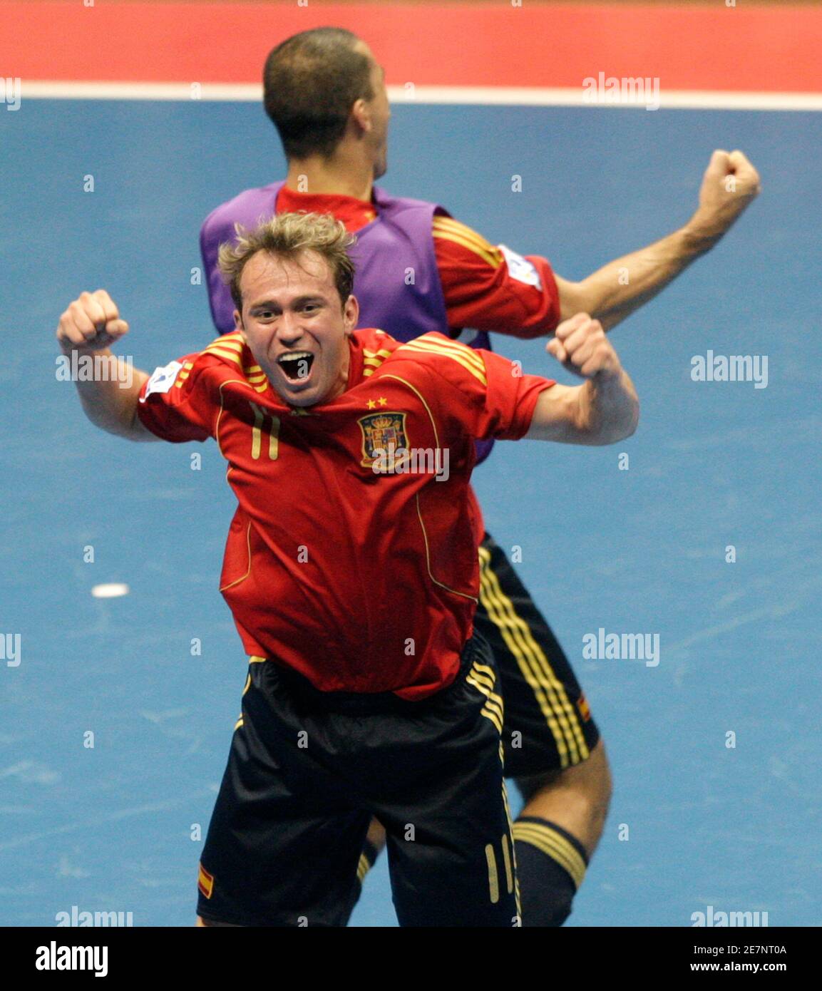 Marcelo Front And Fernando Of Spain Celebrate After Winning Their Fifa Futsal World Cup Semi Final Soccer Match At The Gimnasio Maracanazinho In Rio De Janeiro October 16 08 Reuters Sergio Moraes Brazil Stock