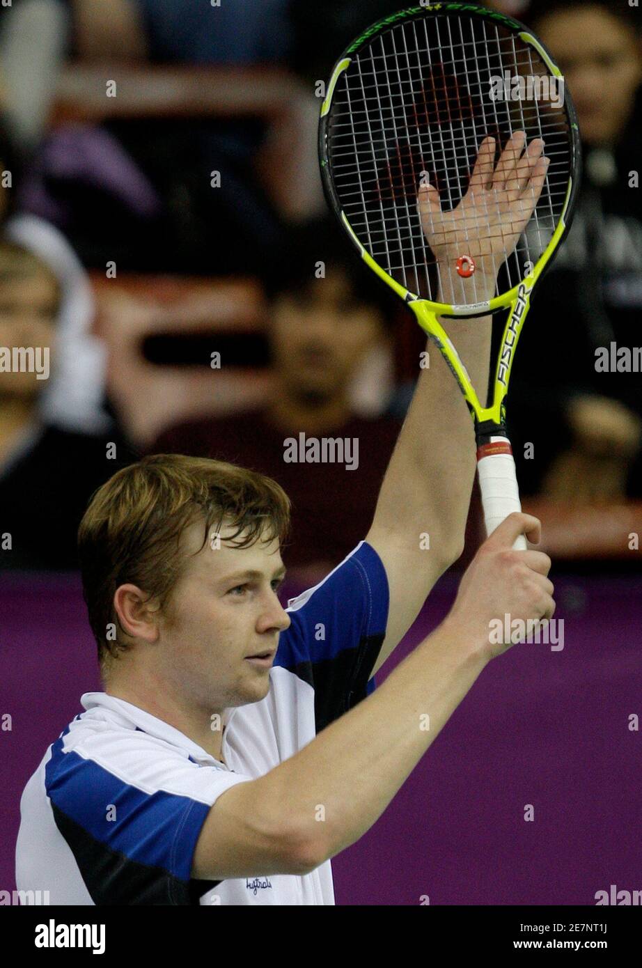 Kazakhstan's Andrey Golubev celebrates his victory against Romania's Victor  Hanescu after their semi-final match at the St. Petersburg Open tennis  tournament October 25, 2008. REUTERS/Alexander Demianchuk (RUSSIA Stock  Photo - Alamy