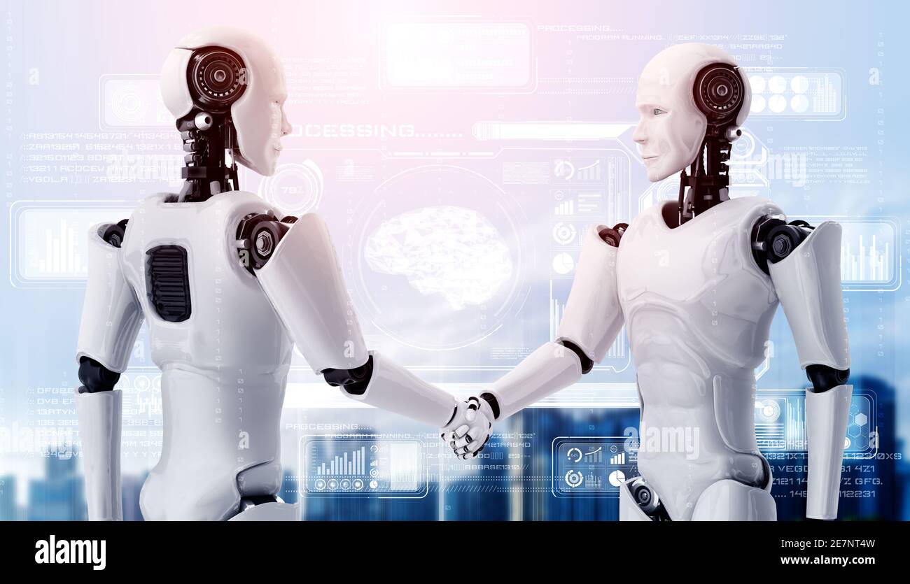 3D rendering humanoid robot handshake to collaborate future technology development by AI thinking brain, artificial intelligence and machine learning Stock Photo