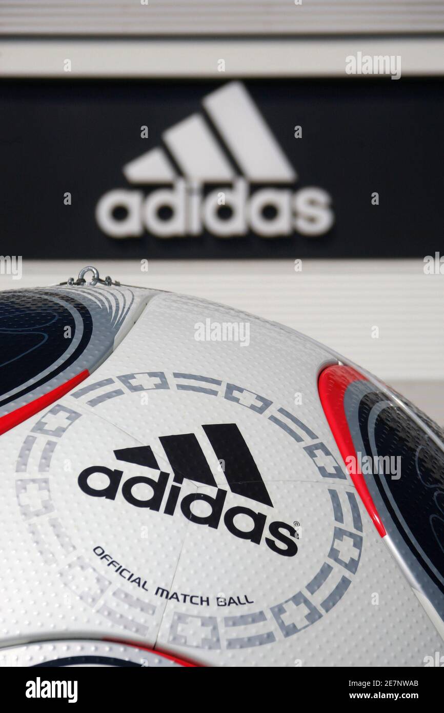 An Adidas logo is seen on a giant soccer ball set up in front of the Adidas  building in Landersheim near Strasbourg March 31, 2009. The Paris  prosecutor plans to open an