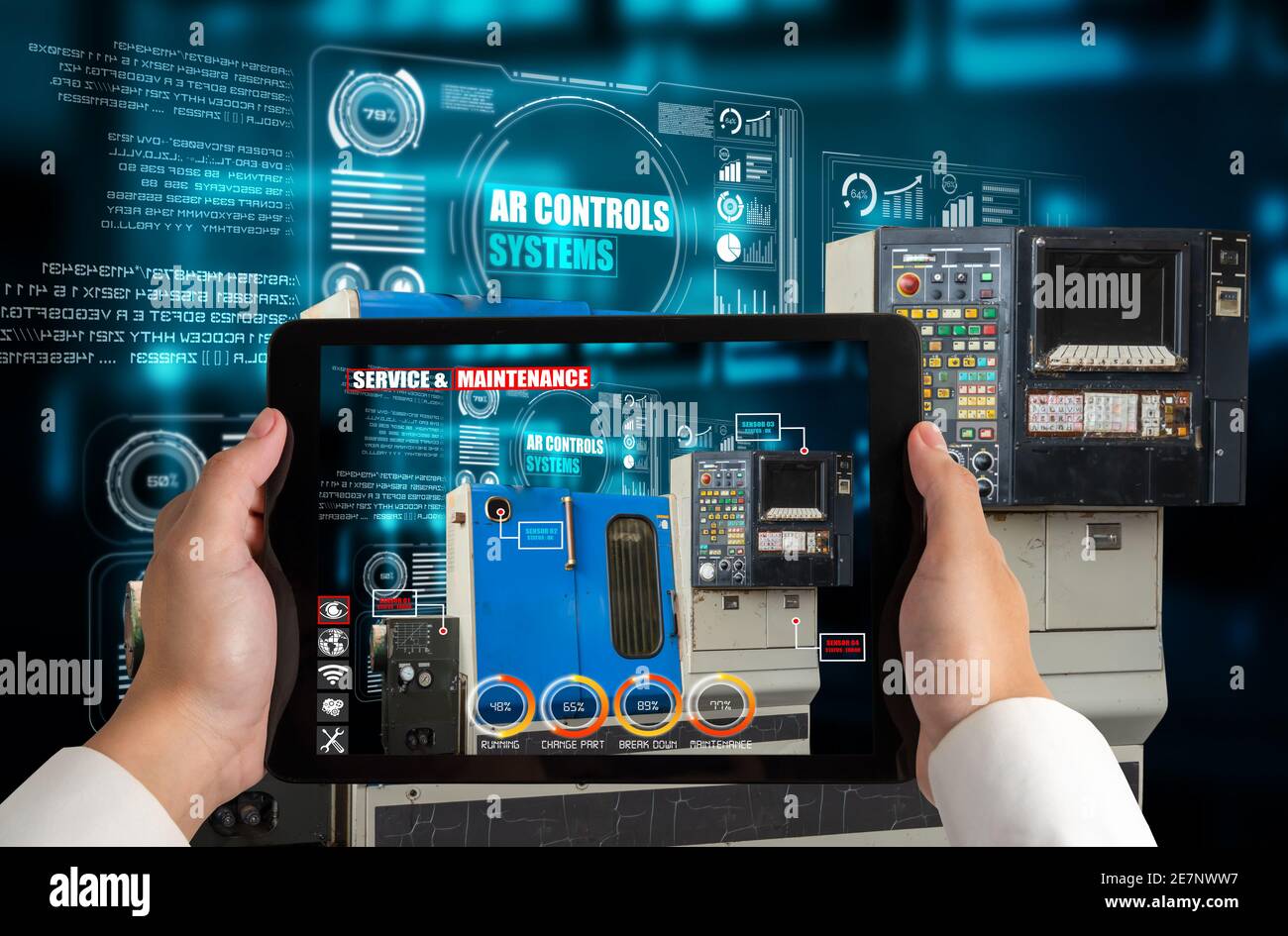 Engineer use augmented reality software in smart factory production line with automated