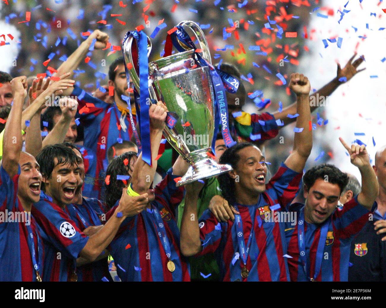 The Barcelona team celebrates winning the Champions League final soccer  match against Arsenal at the Stade