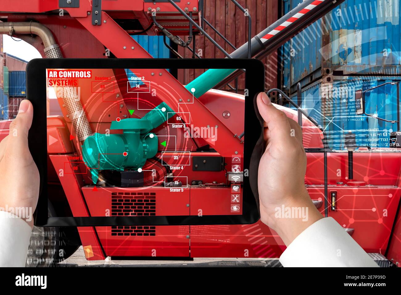 Engineer use augmented reality software in smart factory production line with automated