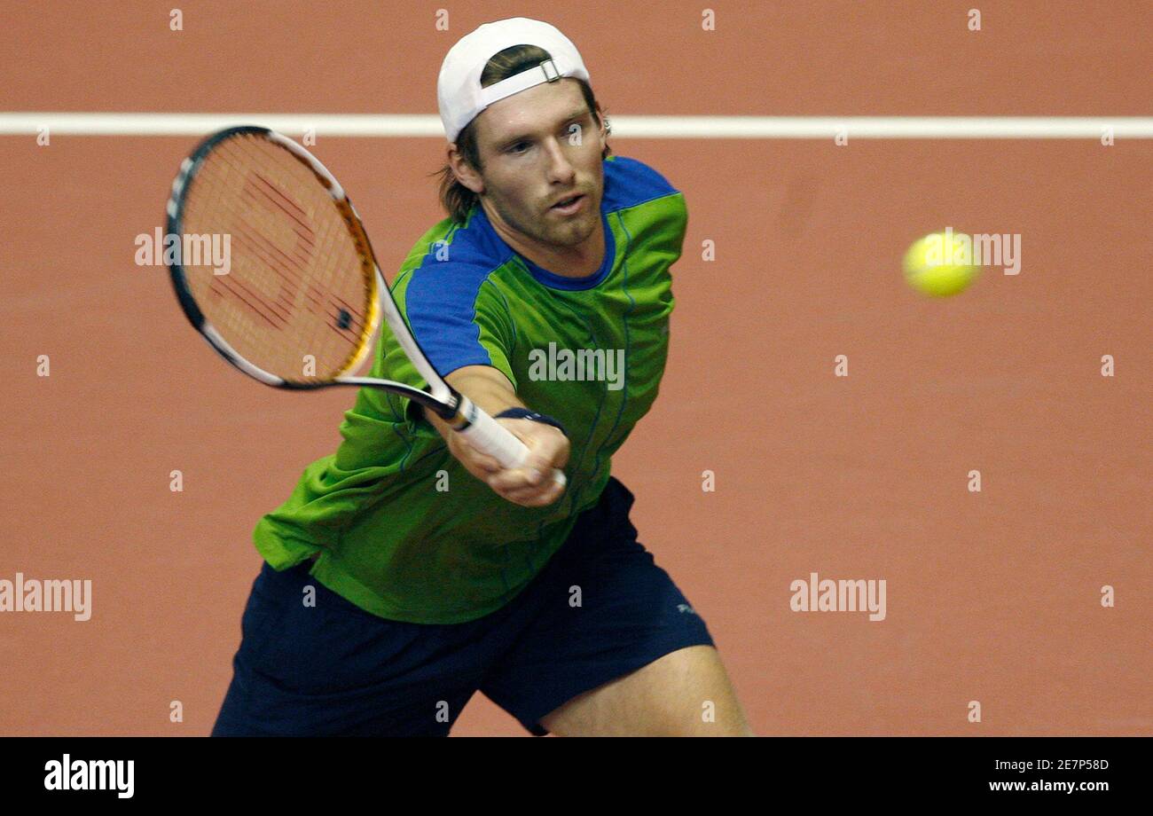 Alexander Peya of Austria plays a shot during his match against Michael  Llodra of France at the Zagreb indoor men's tennis tournament in Zagreb  February 2, 2007. REUTERS/Nikola Solic (CROATIA Stock Photo -