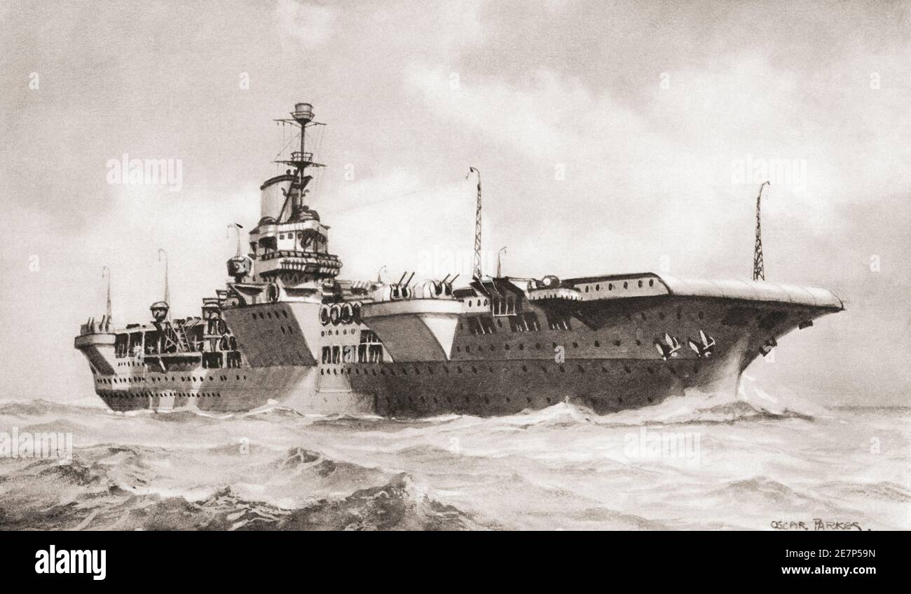 HMS Illustrious an Illustrious-class aircraft carrier.  From British Warships, published 1940. Stock Photo