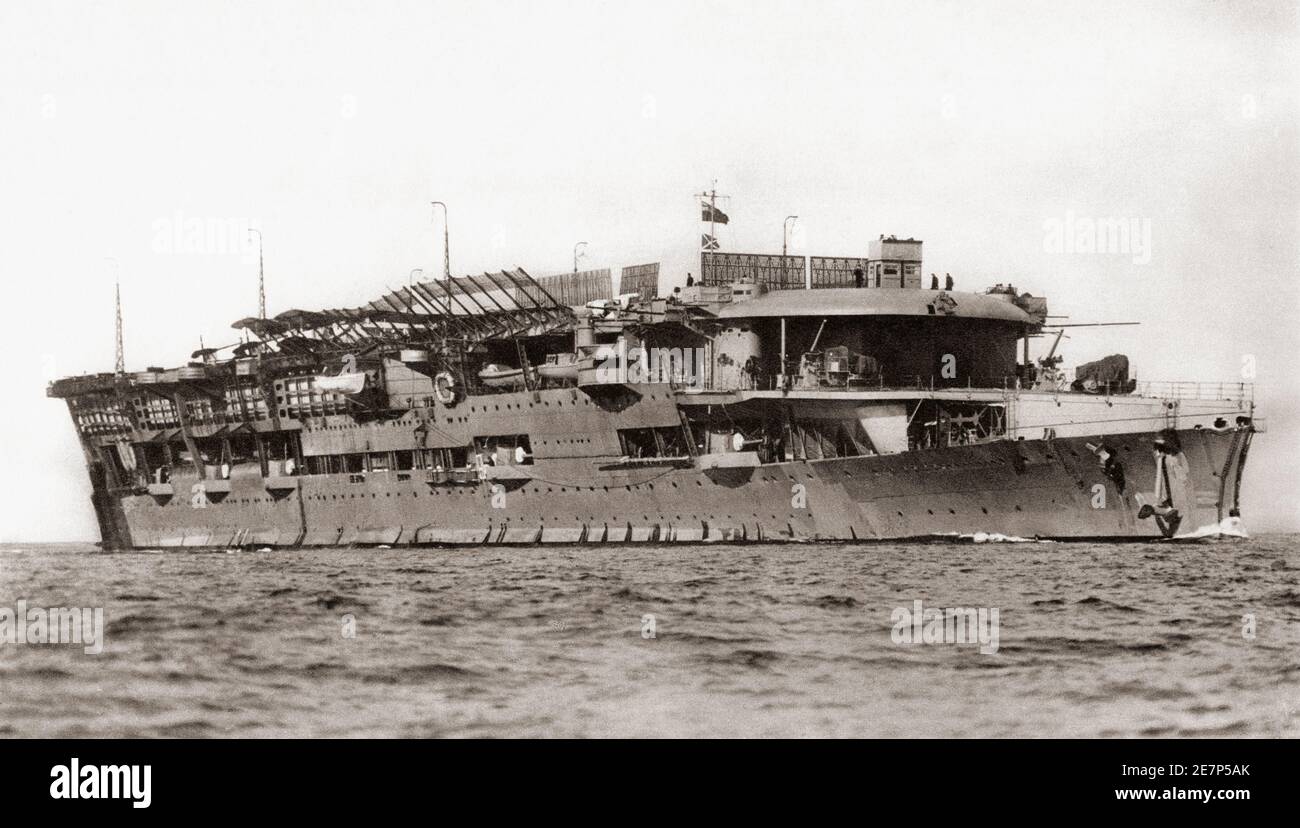 HMS Furious. Virtually the first naval aircraft-carrier whose second modification in 1918 transformed her from a cruiser with a flight deck into a 'floating aerodrome'.   From British Warships, published 1940. Stock Photo