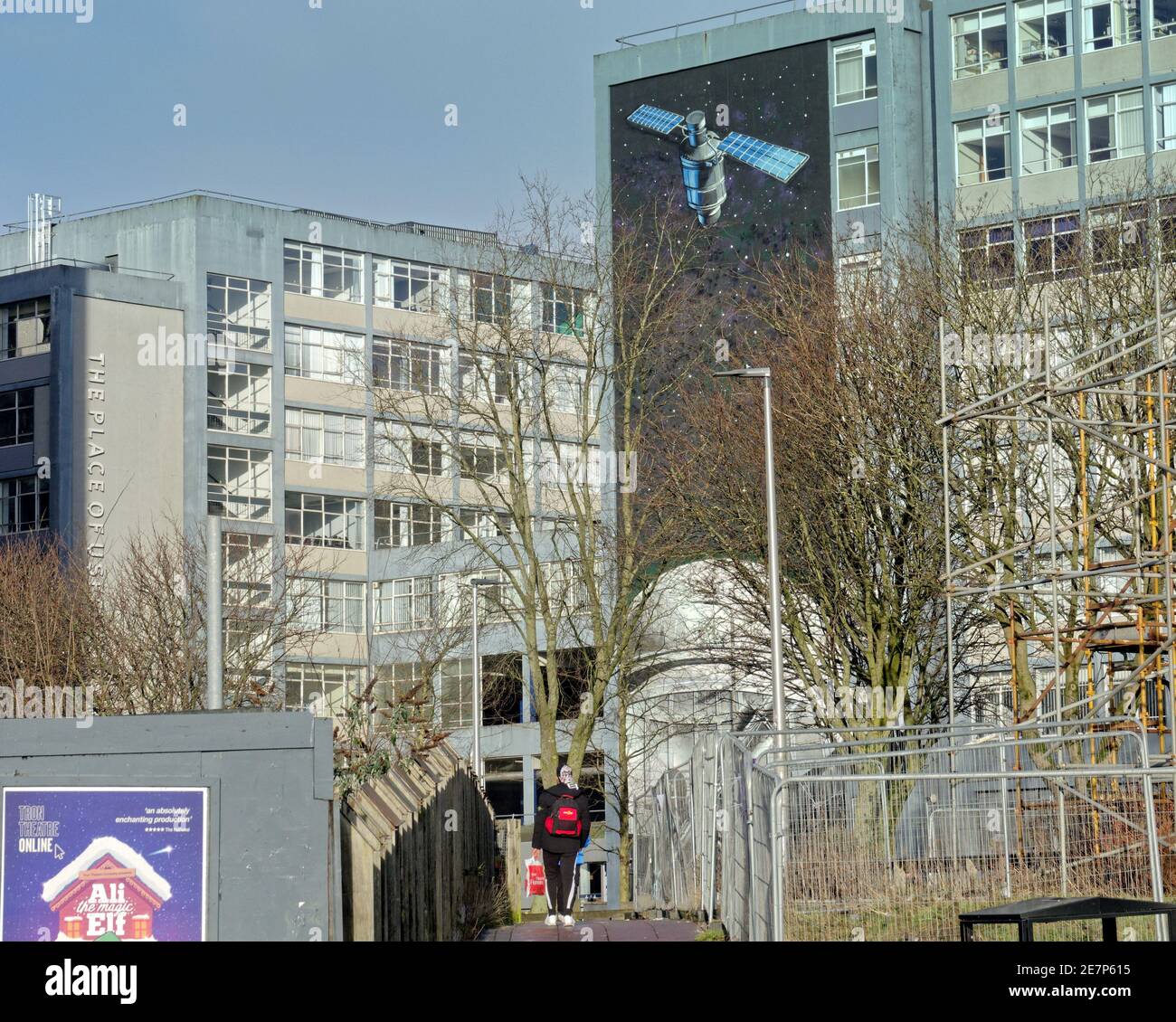 Glasgow, Scotland, UK.30th January, 2021, Lockdown Saturday  sunny outside the strathclyde university science block with its observatory and satellite mural.  misery continues at least the rain stopped as  deserted streets in the town centre shopping areas relies in posters and wall art as a substitute for life. Credit Gerard Ferry/Alamy Live News Stock Photo