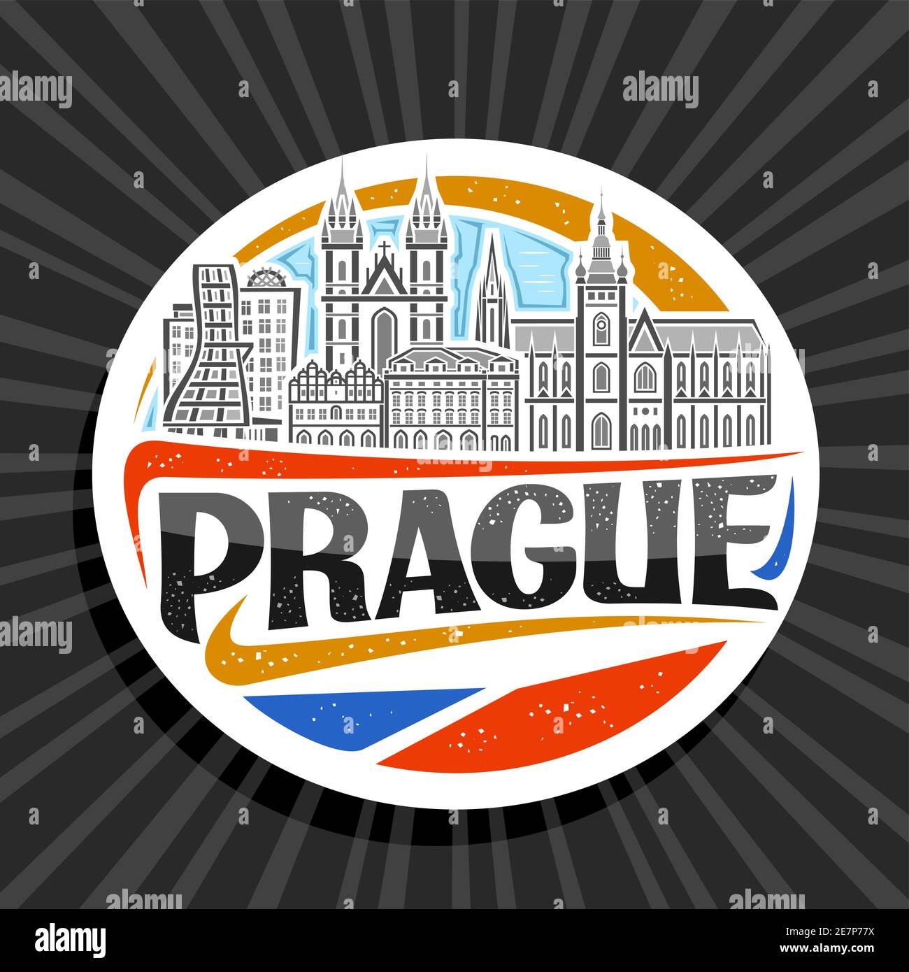 Vector logo for Prague, white decorative tag with outline illustration of urban prague city scape on day sky background, art design tourist fridge mag Stock Vector
