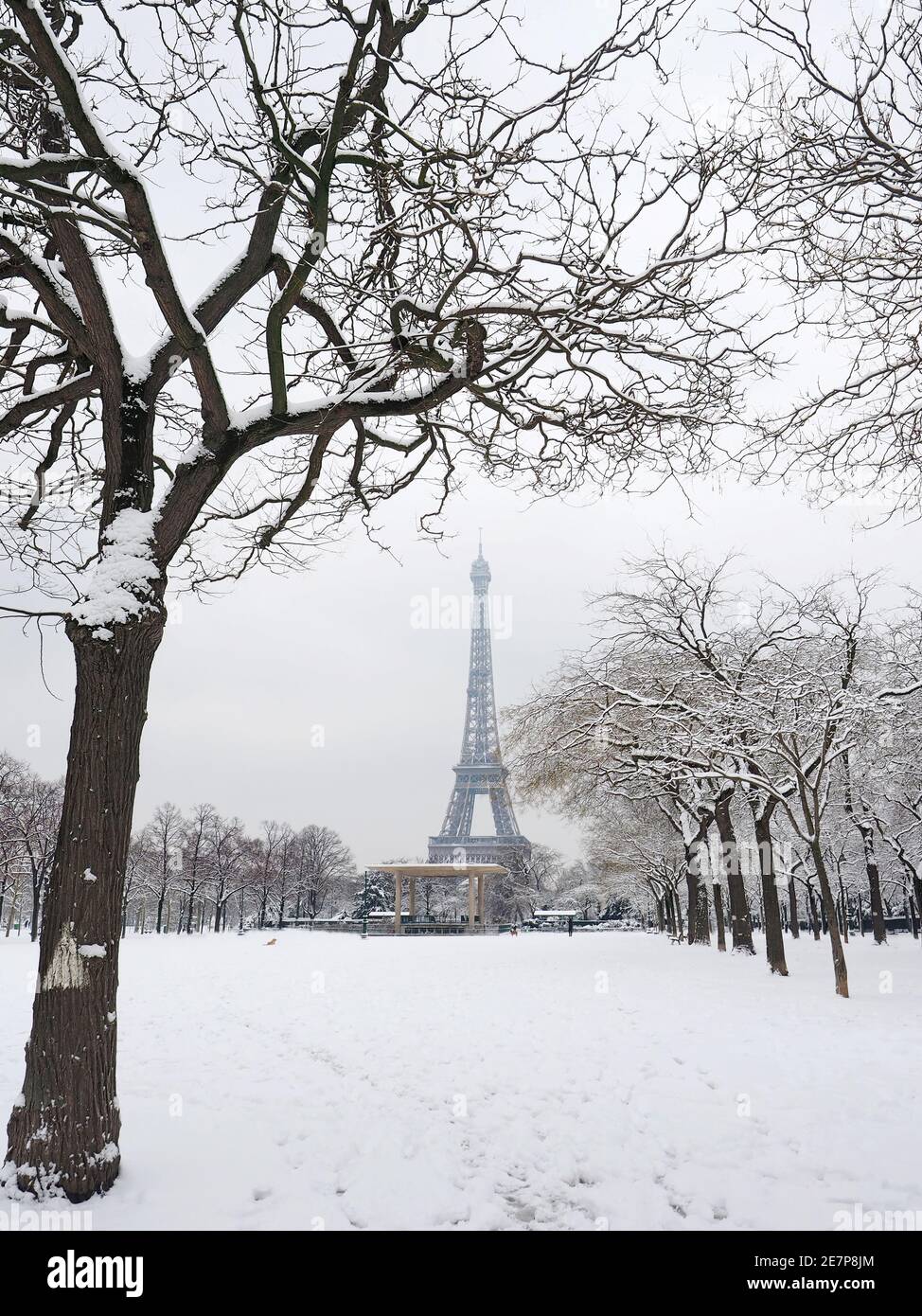 Winter in Paris. Snowy park with Eiffel Tower. Stock Photo