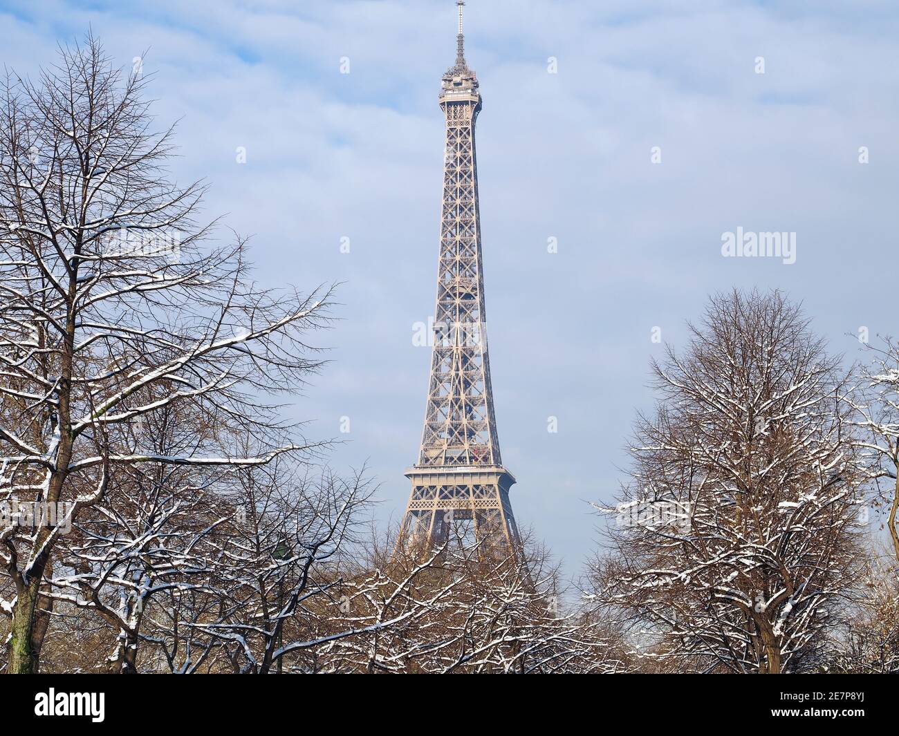 Winter in Paris. Snowy park with Eiffel Tower. Stock Photo
