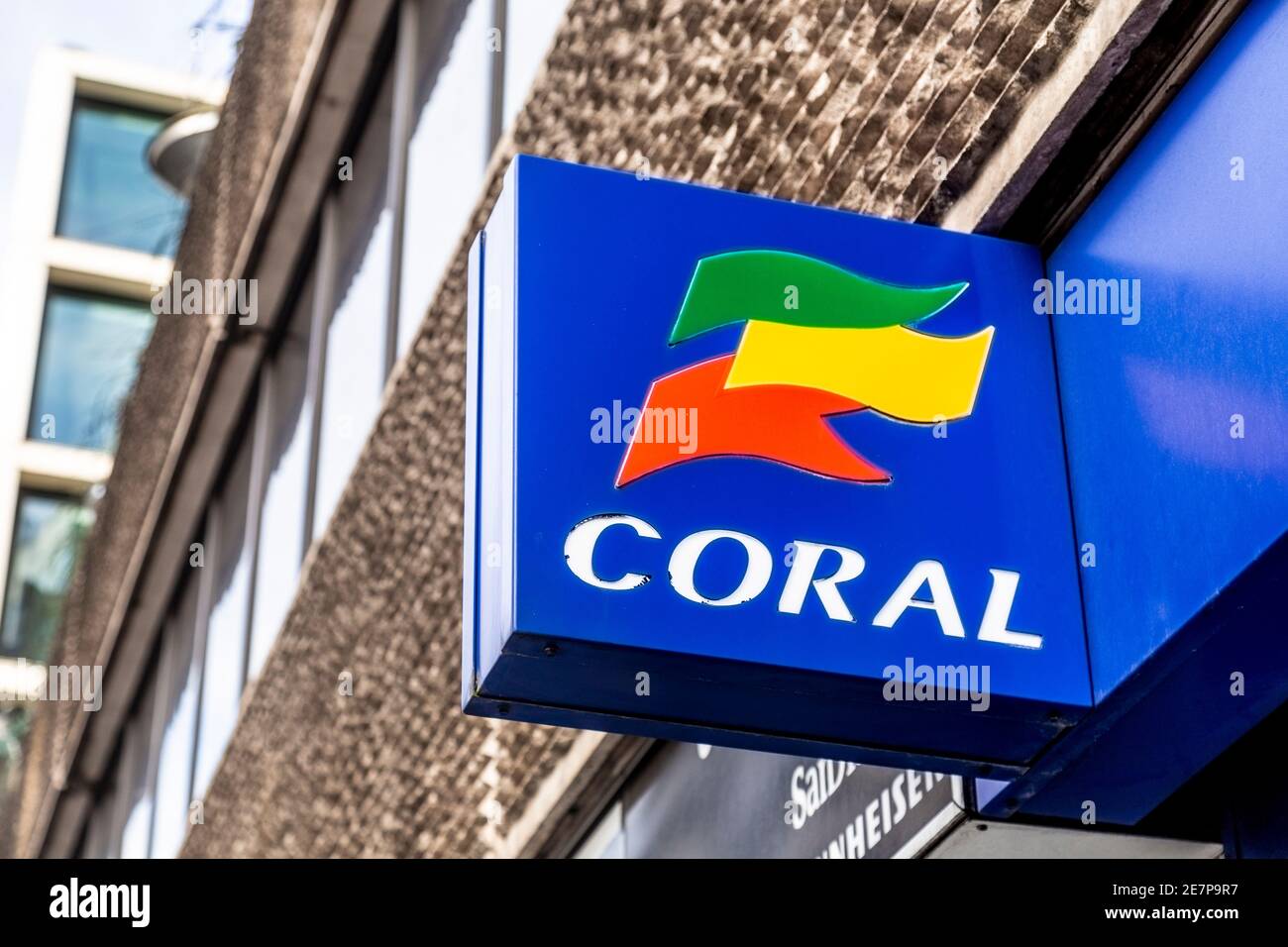 Sign on the facade of Coral bookmakers shop, London, UK Stock Photo