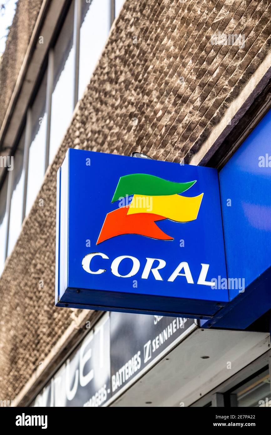 Sign on the facade of Coral bookmakers shop, London, UK Stock Photo