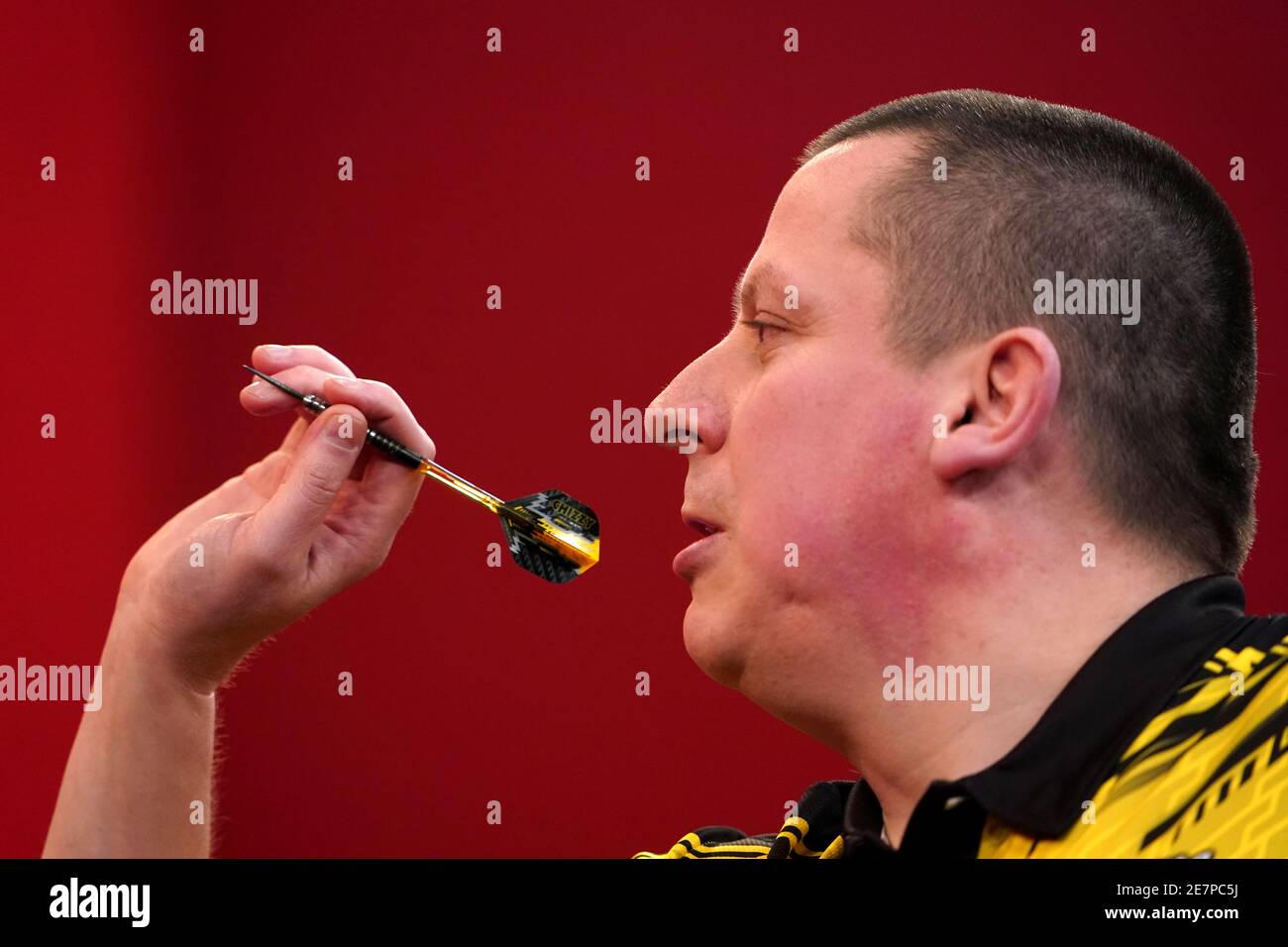 Dave Chisnall during day two of the Ladbrokes Masters 2021 tournament at  the Marshall Arena, Milton Keynes. Picture date: Saturday January 30, 2021  Stock Photo - Alamy