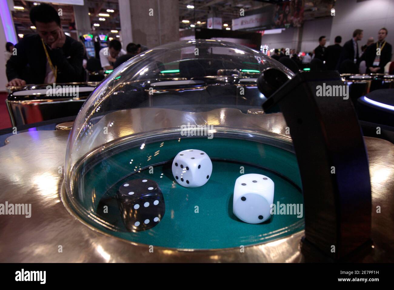 A Man plays dice during the Global Gaming Expo Asia in Macau June 9, 2010. The 4th annual Global Gaming Expo will feature more than 120 international suppliers from more than 20 countries displaying innovative casino equipments,table games,slot machines,design,security and surveillance products.  REUTERS/Tyrone Siu (CHINA - Tags: BUSINESS SOCIETY) Stock Photo