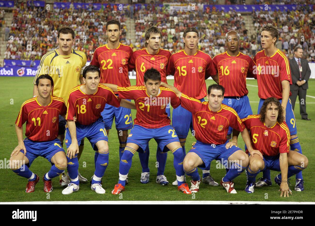 Team Photo Of The Spain Before Soccer Friendly Match Against Russia In Albacete May 27 2006 Back Row L R Iker Casillas Pablo Ibanez David Albelda Sergio Ramos Marcos Senna Fernando Torres Front