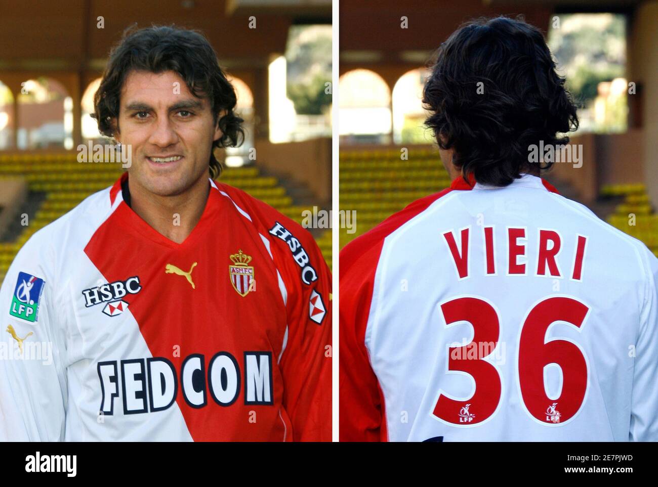 COMBO PHOTO- A combo picture shows former AC Milan striker Christian Vieri  posing in his new jersey in Monaco January 11, 2006. Italian striker Vieri  joined Monaco on Wednesday and said his
