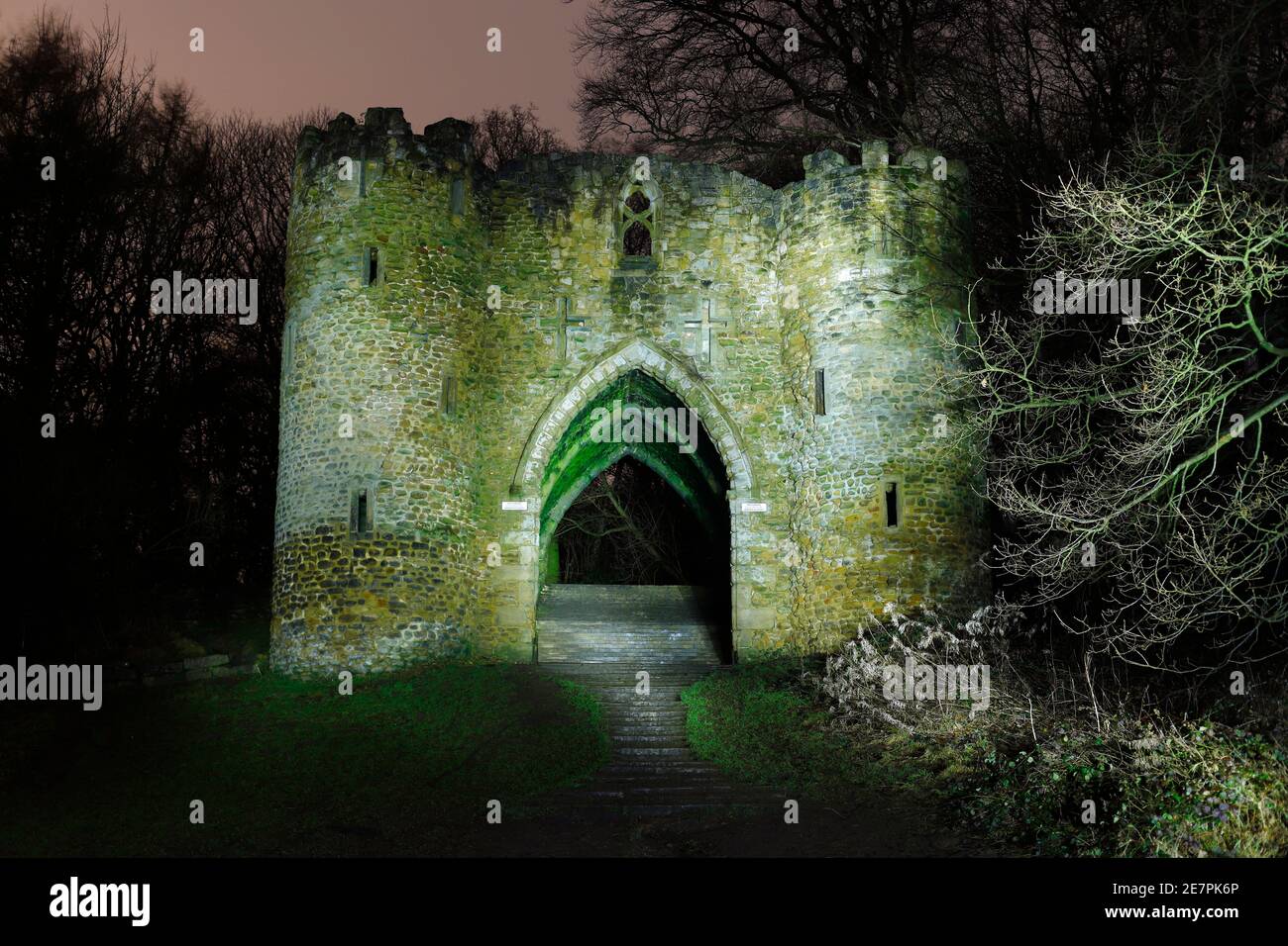 Roundhay Park Castle at night with added light from a flashlight. Stock Photo