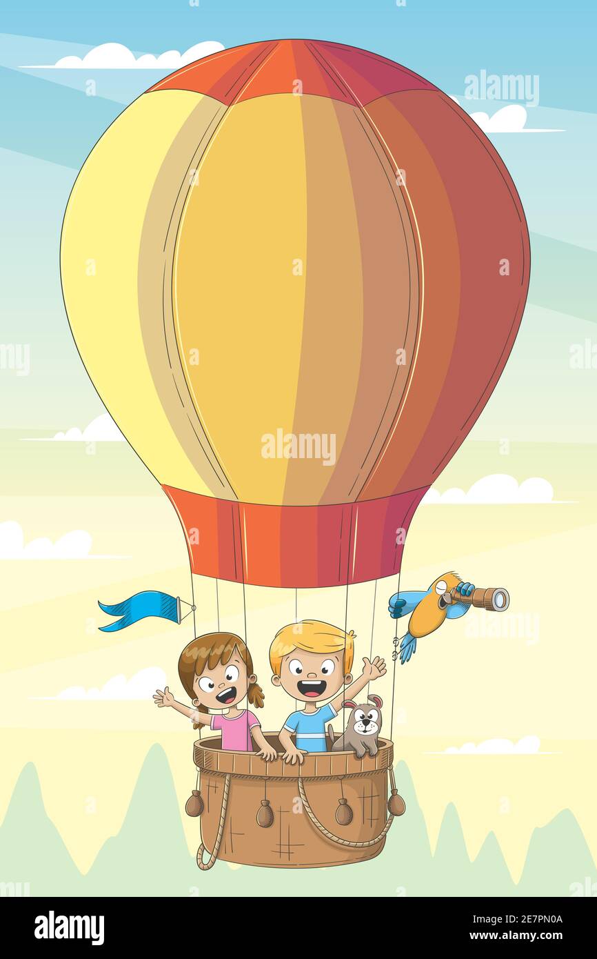 Children and animals fly in hot air balloon. Hand drawn vector illustration with separate layers. Stock Vector