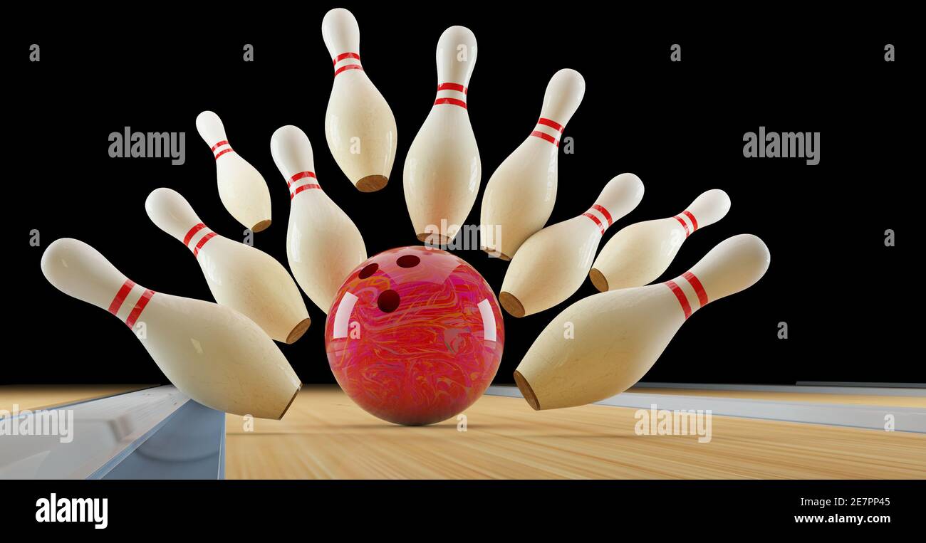 bowling strike. Skittles and bowling ball on the track Stock Photo Alamy