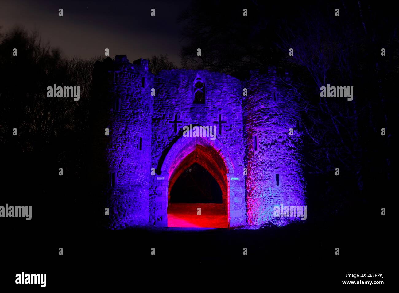 Roundhay Park Castle at night with added coloured light from a rgb torch. Stock Photo