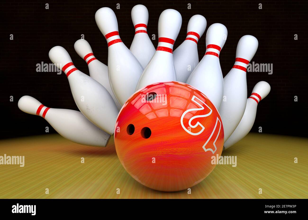 bowling strike. Skittles and bowling ball on the track Stock Photo Alamy