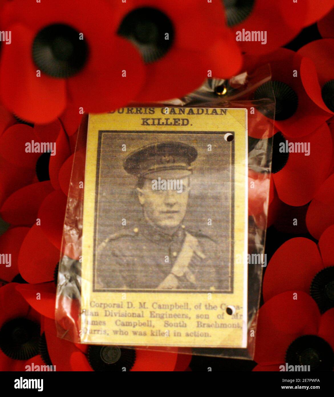 A newspaper clipping is surrounded by wreaths during a Last Post ceremony at the Menin Gate Memorial in Ypres, Belgium November 11, 2008. A group of Canadian veterans is travelling through France and Belgium to commemorate the 90th anniversary of the end of the First World War.       REUTERS/Chris Wattie       (BELGIUM) Stock Photo